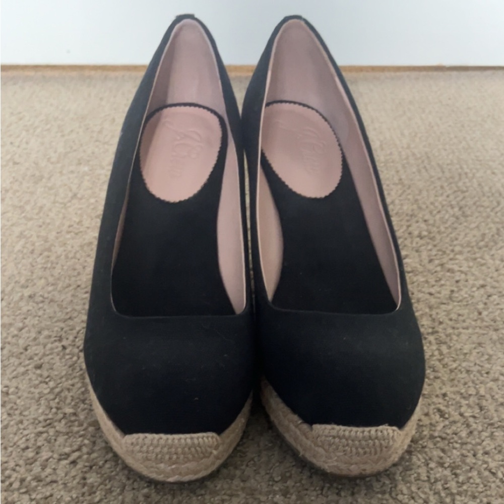J. Crew Black Suede Wedge Espadrilles with Natural Jute Trim